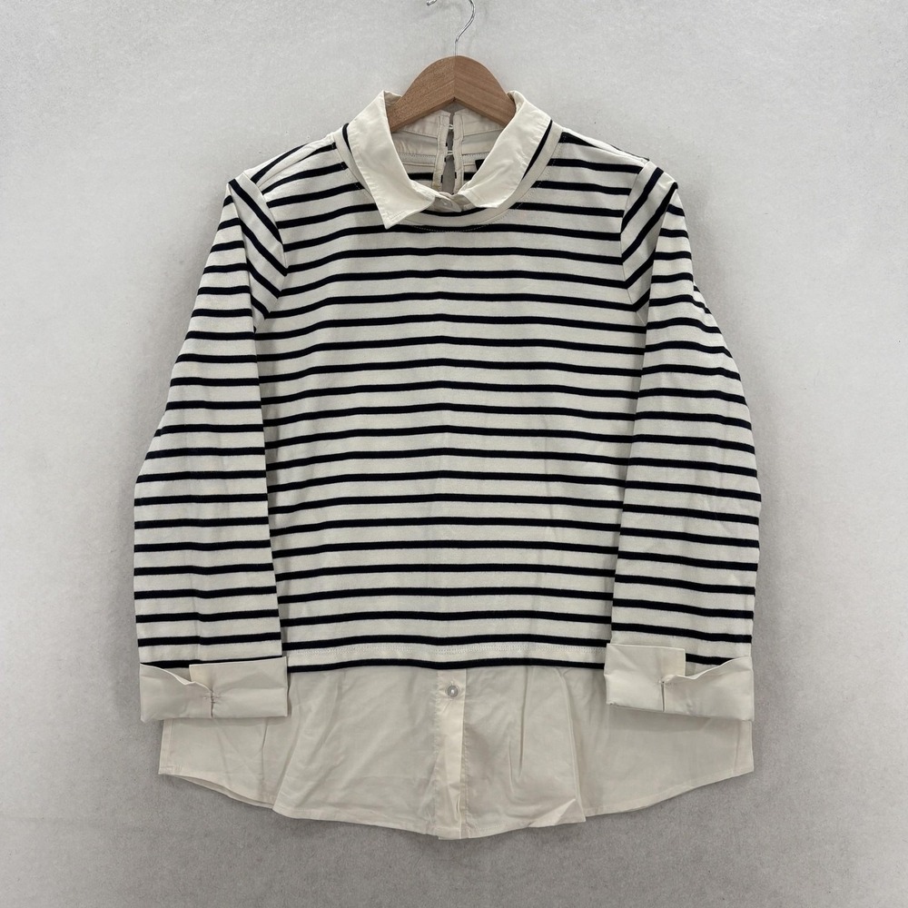 Ann Taylor Factory Sweater Womens Medium White Stripe Collared Layered Knit NWT